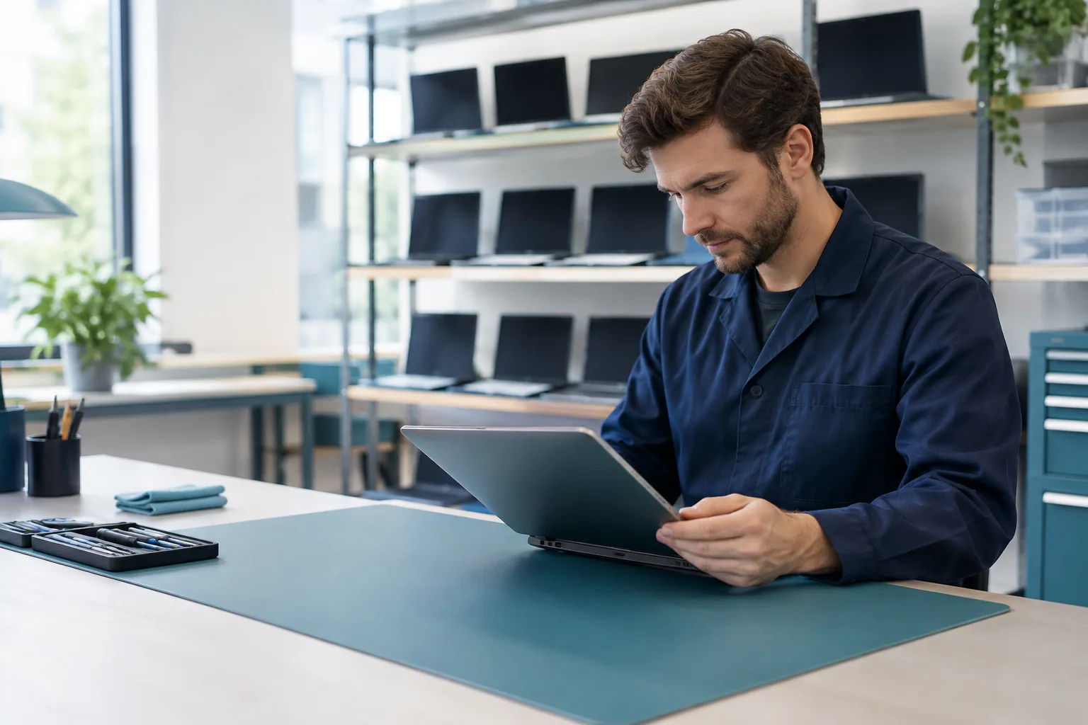 Technician inspecting a laptop among rows of devices in a workshop