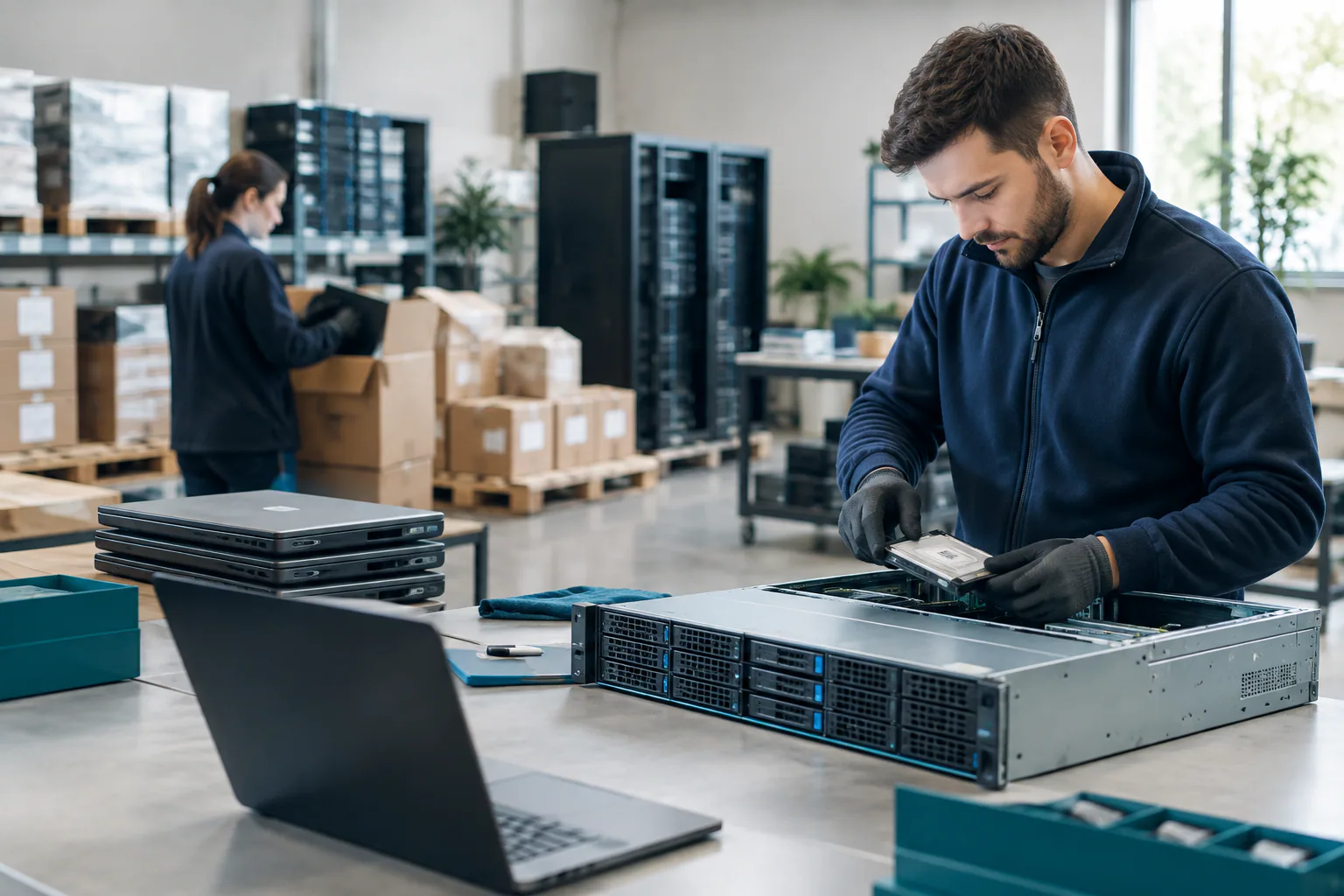 Technician inspecting and packaging used IT equipment in a professional refurbishment warehouse
