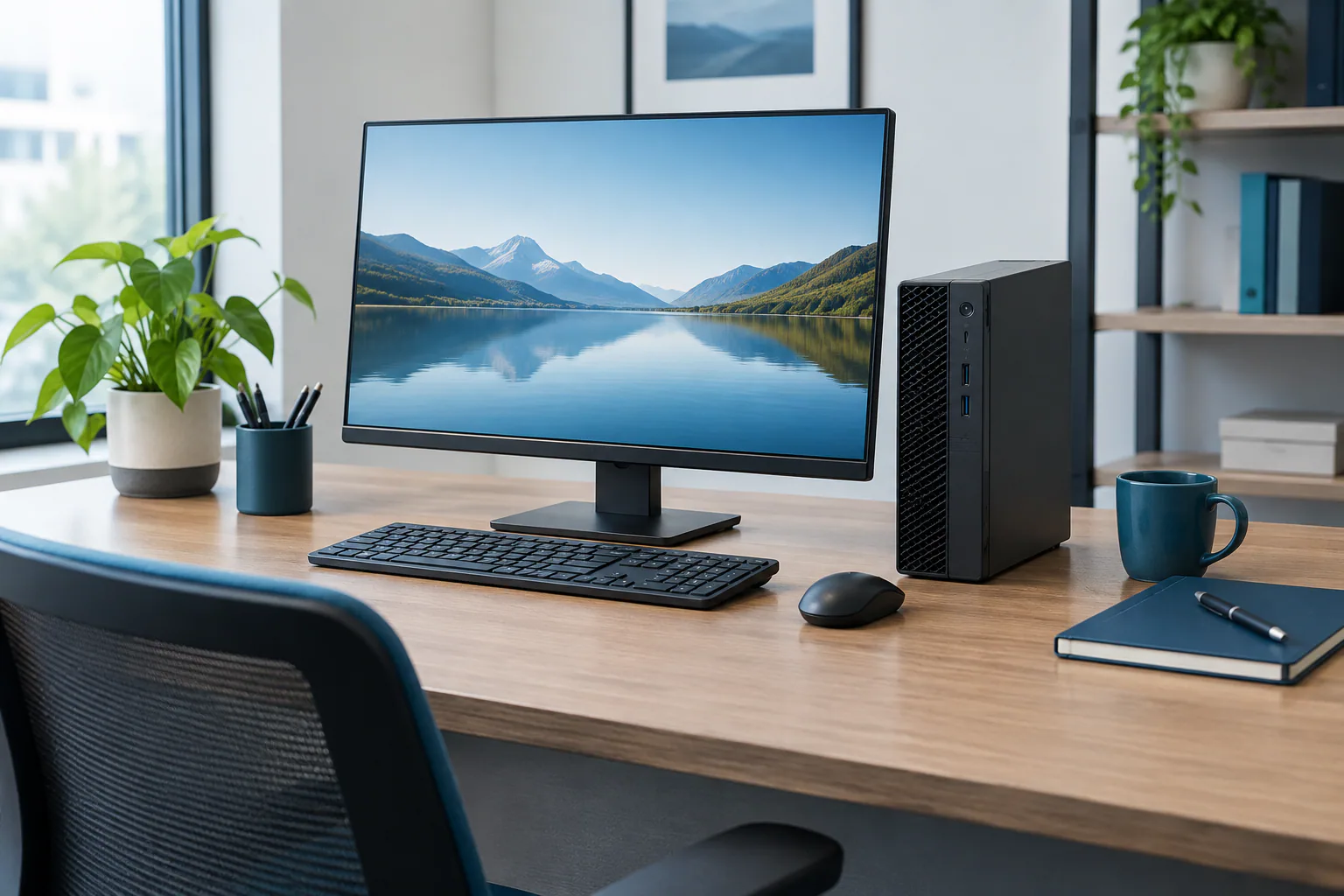 Refurbished desktop PC on a tidy office desk with monitor and keyboard