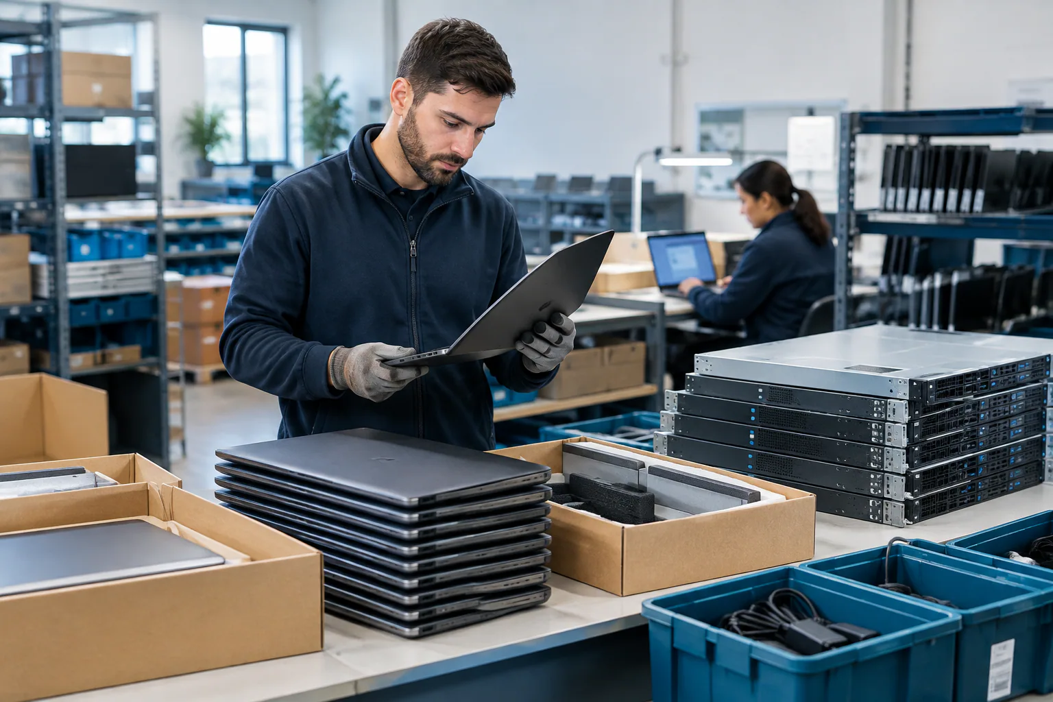 Technician inspecting refurbished laptops and servers in a staging area, with open boxes and equipment trays visible.