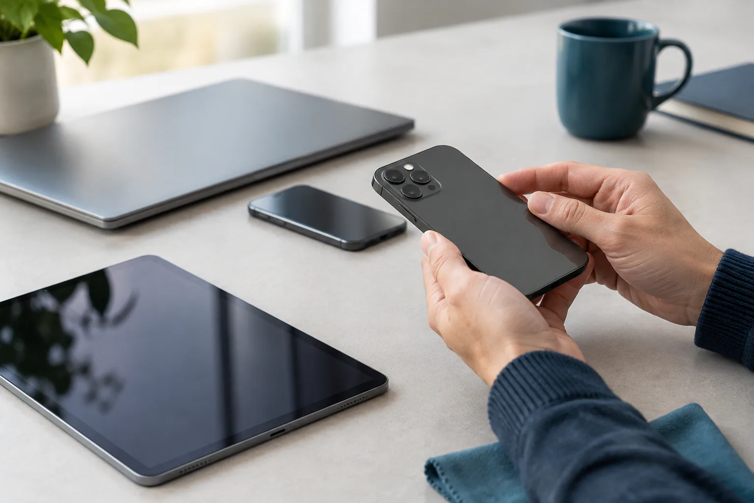 Hands inspecting a refurbished smartphone, laptop and tablet on a desk