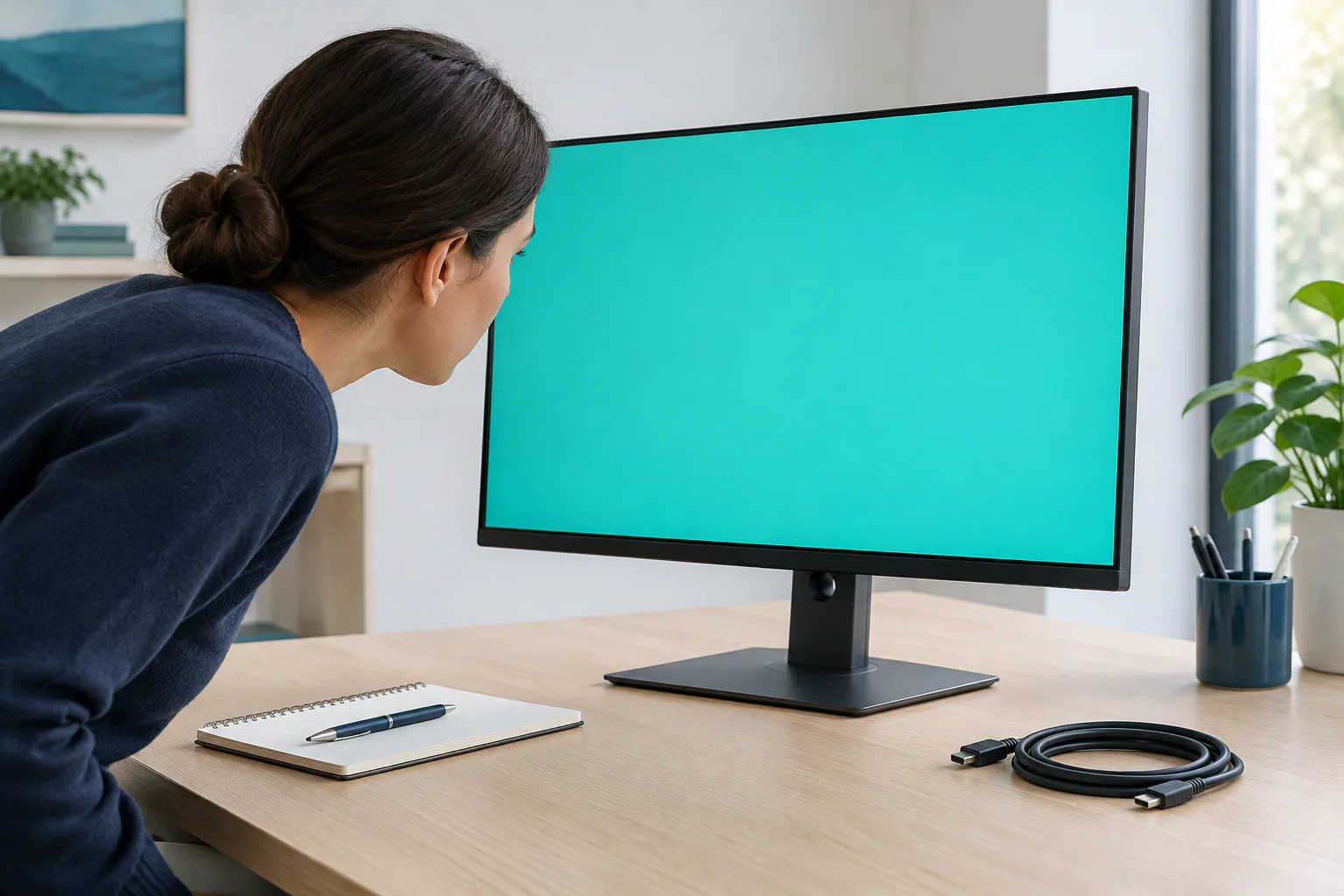 Person inspecting a refurbished monitor on a desk showing a solid colour test, checking pixels and ports