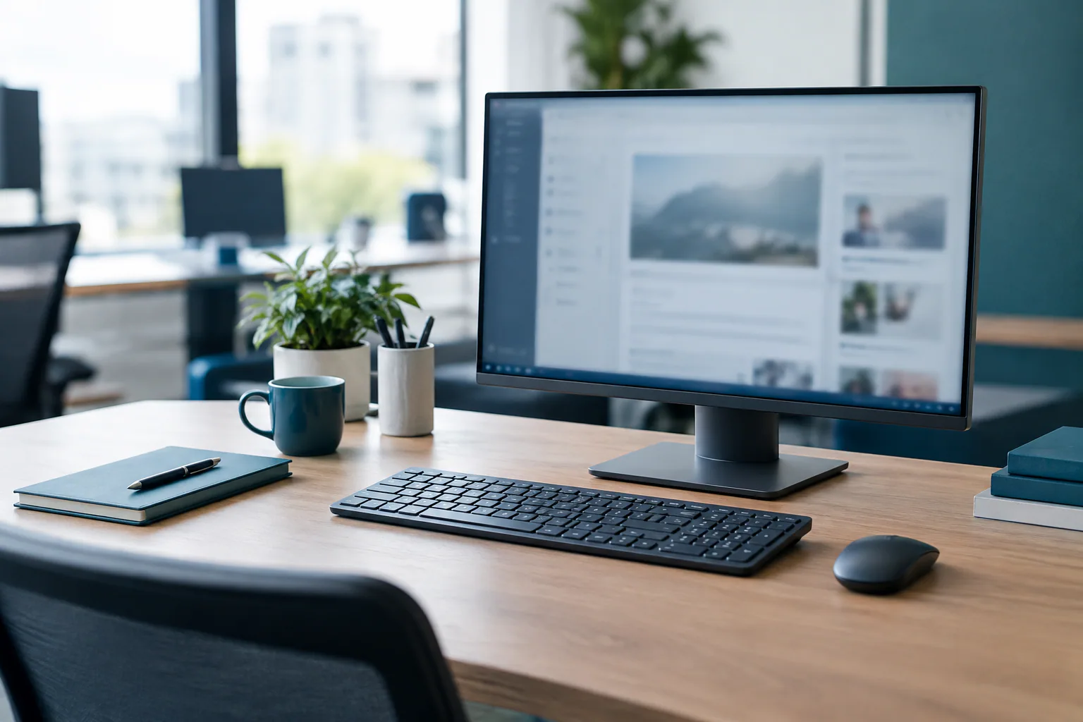 Business workstation with laptop and monitor on a tidy desk in a modern office, emphasising hardware and workspace.