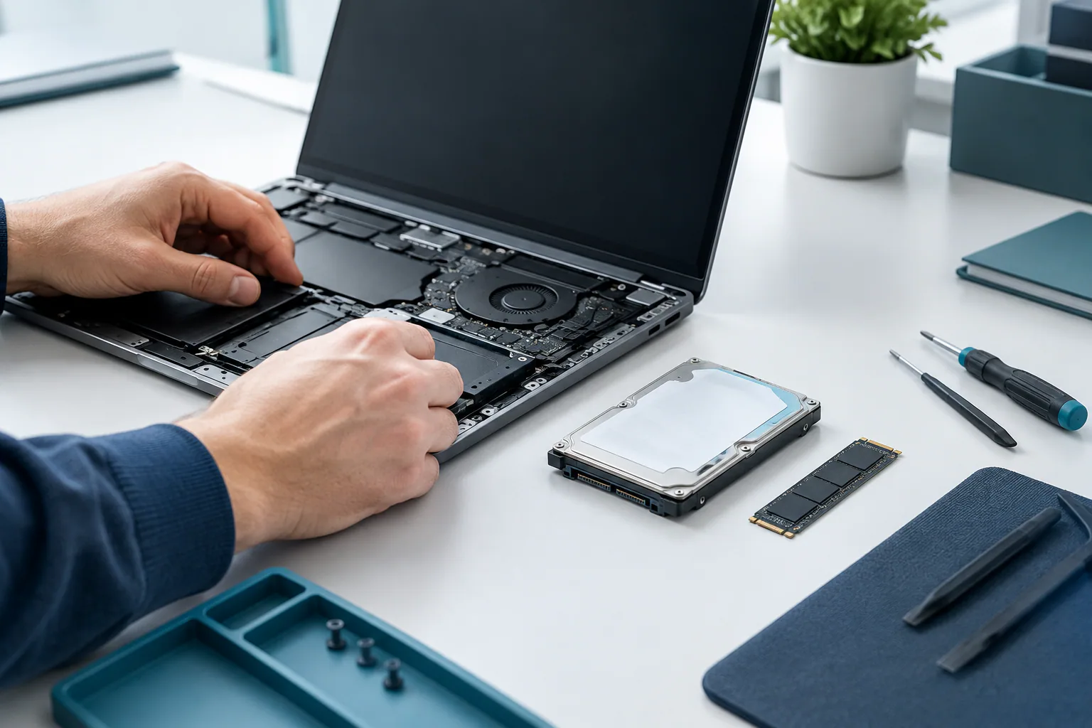 Technician replacing storage in a refurbished laptop with a 2.5-inch HDD and an M.2 SSD on the workbench